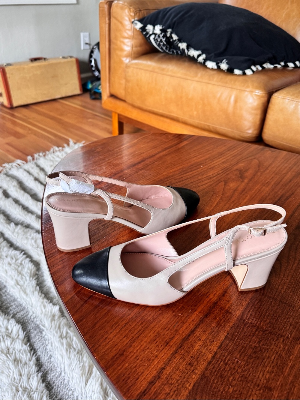 Talbots Two-Tone Slingback Block Heels in Beige and Black.